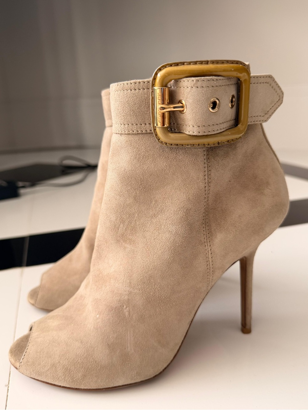 Burberry Beige Suede Peep-Toe Ankle Booties with Gold Buckle
